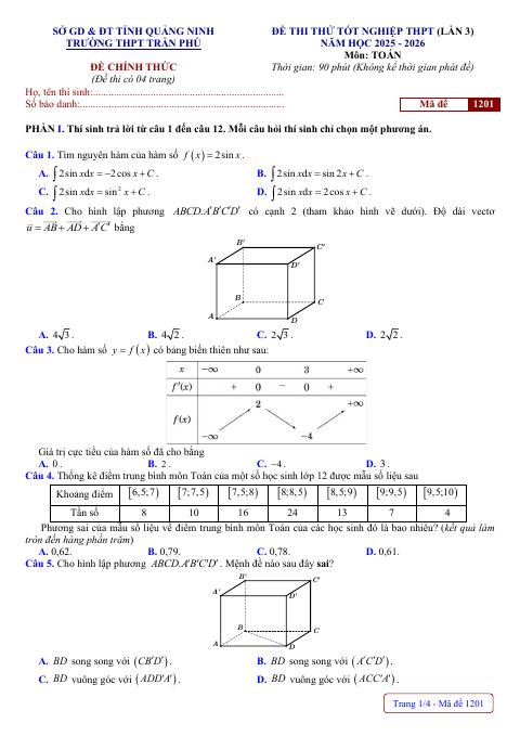Đề thi thử TN THPT 2026 môn Toán lần 3 trường THPT Trần Phú – Quảng Ninh